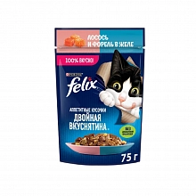 Корм влажный Феликс для кошек Аппетитные кусочки Двойная вкуснятина с лососем и форелью в желе влажный 75 г