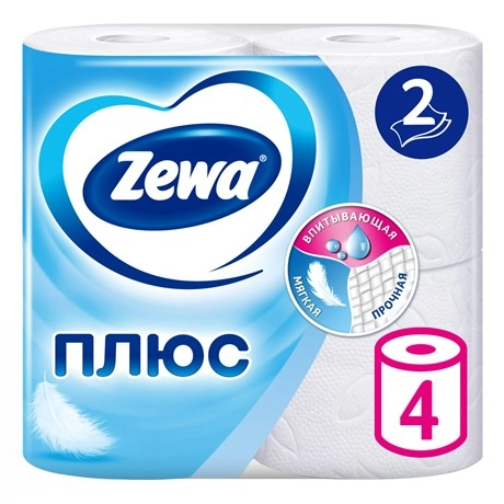 Туалетная бумага ZEVA Плюс 2-х слойная 4 рулона